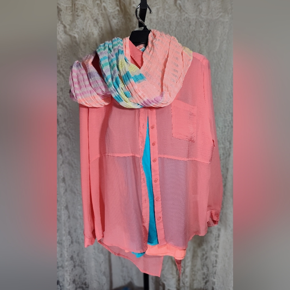 Apt. 9 Neon Coral Sheer Button-Up Shirt Nwot
